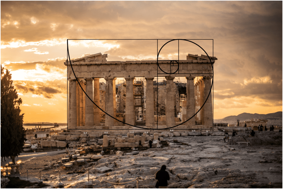 Paradigm shift in architecture: Greek-Roman-Early Christian. Image shows the golden ratio in the Parthenon facade at Athena. 