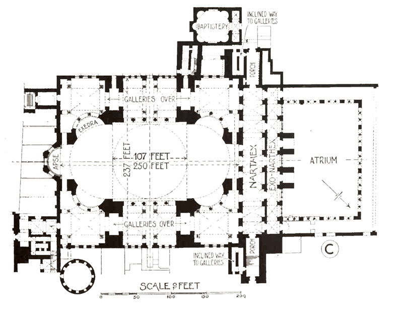 Paradigm shift in architecture: Byzantine, Romanesque, Gothic. Image shows the Hagia Sophia church plan of byzantine architecture.