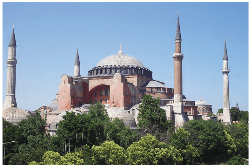 Paradigm shift in architecture: Byzantine, Romanesque, Gothic. Image shows the Hagia Sophia church external View of byzantine architecture.