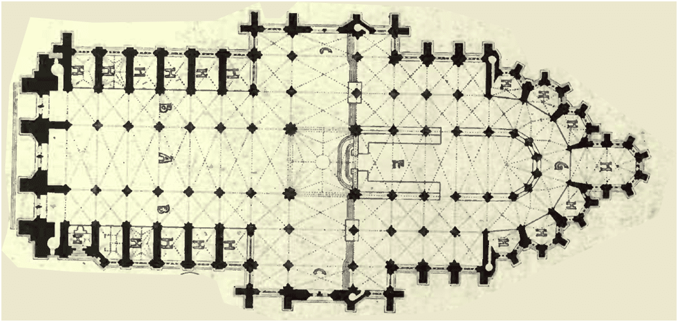 Paradigm shift in architecture: Byzantine, Romanesque, Gothic. image shows the gothic architectural elements in Amiens cathedral floor plan.