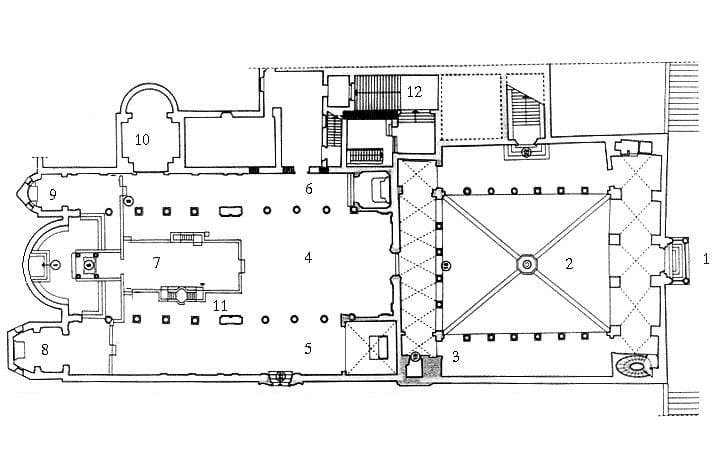Paradigm shift in architecture: Greek-Roman-Early Christian. Image shows plan of oldest basilica church in Rome Sant Clemente church.