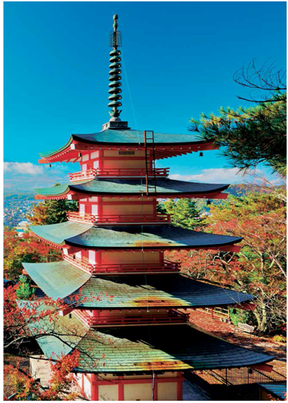 Paradigm shift in architecture: Indian-Chinese-Japanese. Image illustrates the pagoda temple architecture in Japan.