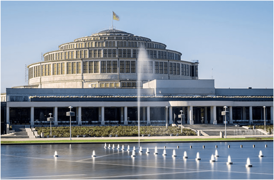 Paradigm shift in architecture: Modern Architecture styles-1 . image represent expressionist style architecture , Centennial Hall in Wroclaw, Poland. 