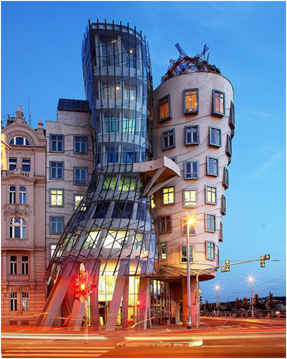 Paradigm shift in architecture: Post-Modern Architecture. Image shows one of the postmodern architecture buildings in Prague Czech Republic