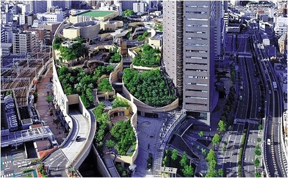 Analyzing Ecological Urbanism and Ecosystem Dialectic. image shows ecosystem of canyon urban complex park in Namba Japan.