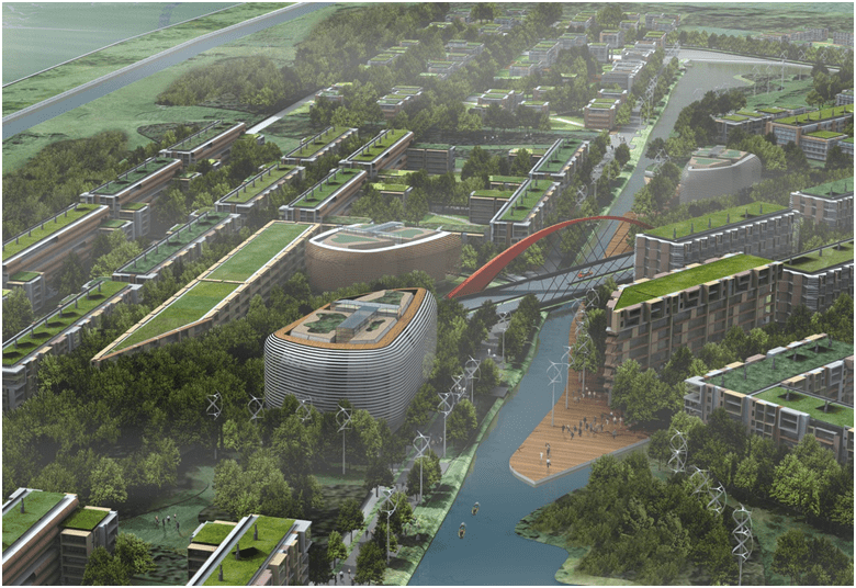 Analyzing Ecological Urbanism and Ecosystem Dialectic. image shows eco-city of Dongtan in shanghai China.