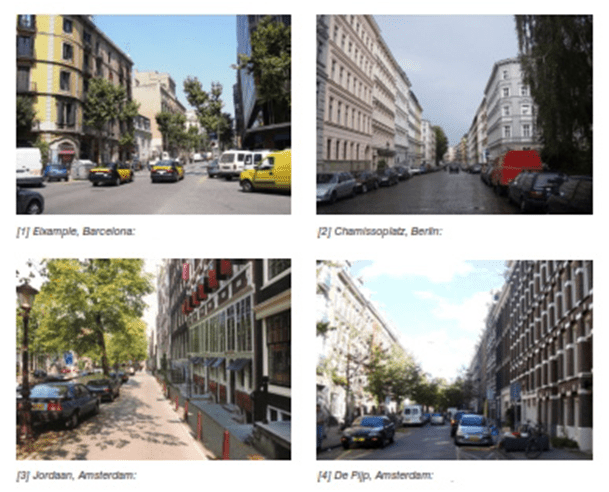 forces shaping urban density and compactness. Image shows relation of street width to building Hight in Barcelona, Germany, Netherlands.