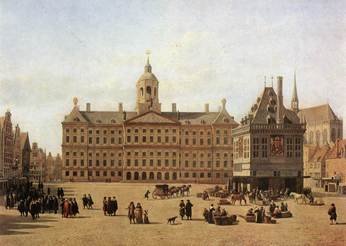 Urbanism: townscape is about urban change or process? image shows the origin of the townscape in art showing city physical environment the dam and weigh house in Amsterdam.