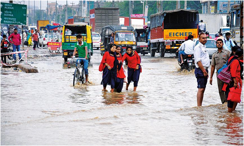 political governance create urban change. image shows urban rural area in India flood problem.