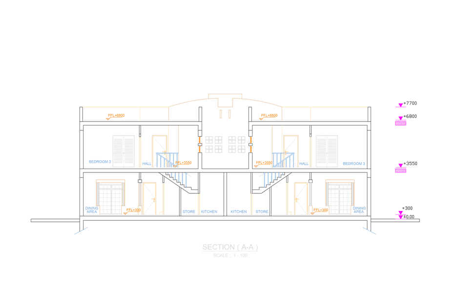 Urban design of rediscovering cultural identity in Qatar. Image shows the section of the 2-unit villa in the project.