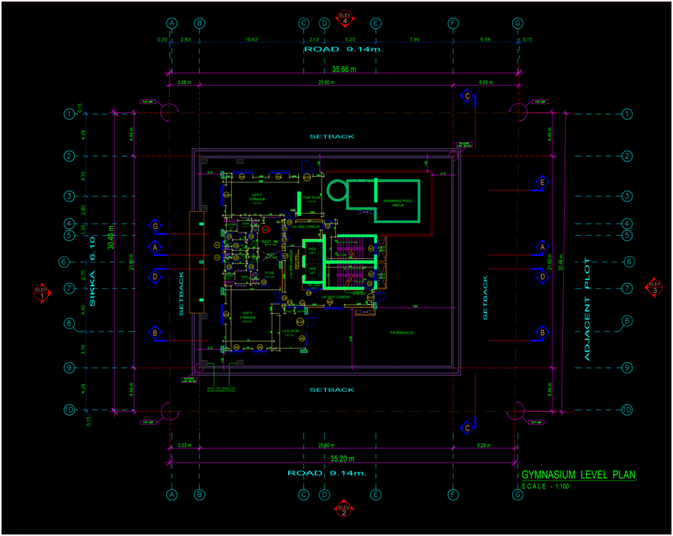 Neoclassicism to international architecture building design. Image shows Gym floor plan of the building.