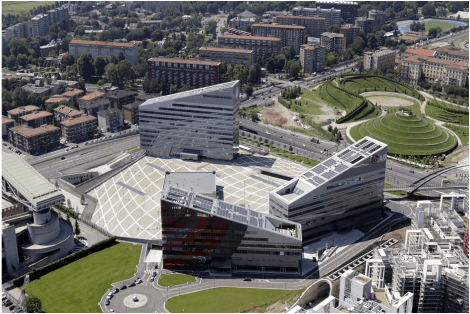 Portello an integrated urban development project in Milan. Figure 4, Ariel view of OT8 the three office blocks, and slopped piazza with central logia of Portello urban development project, Milan-Italy