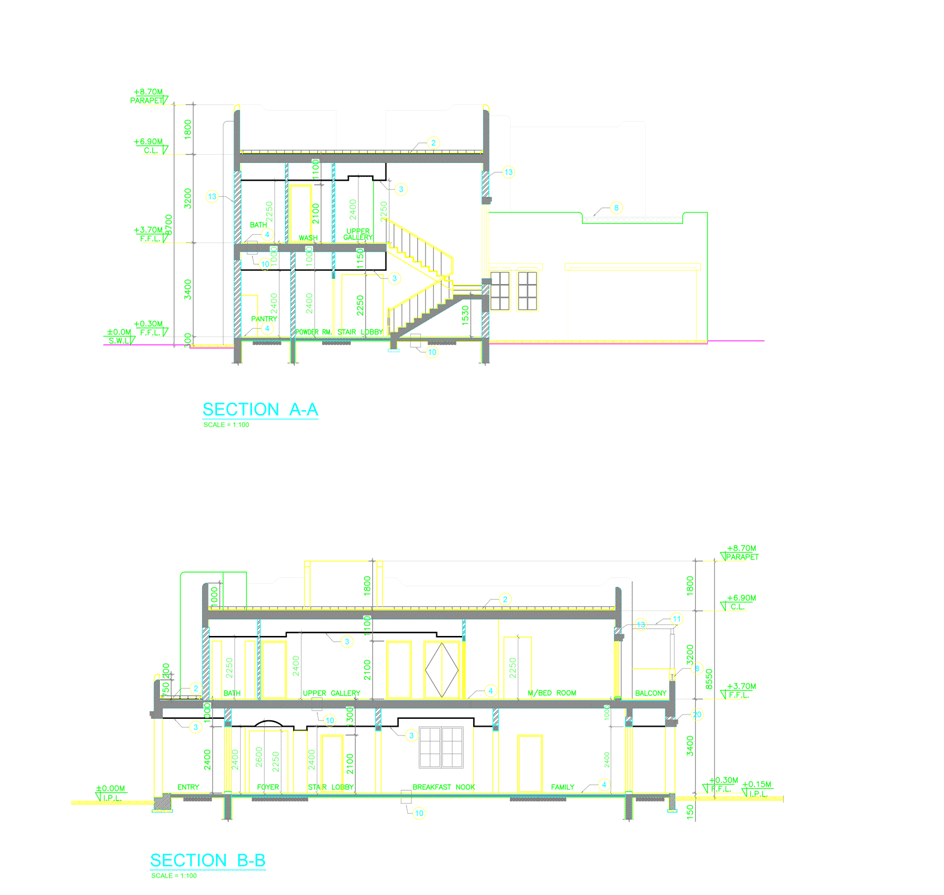 Classical Villa Architectural Design Project. Sections of the villa
