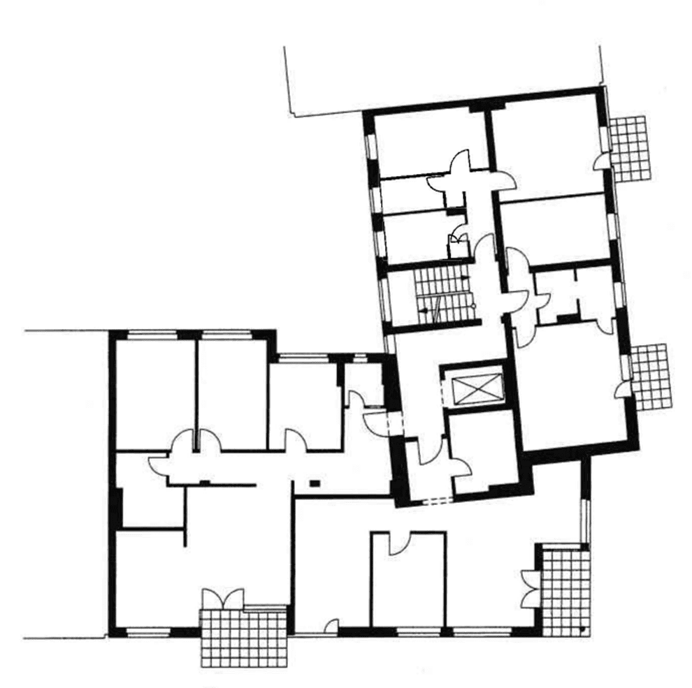 Urban regeneration, architecture of Lausitzer Str 38 in Berlin. Image shows Main building second-floor plan, Berlin-Germany