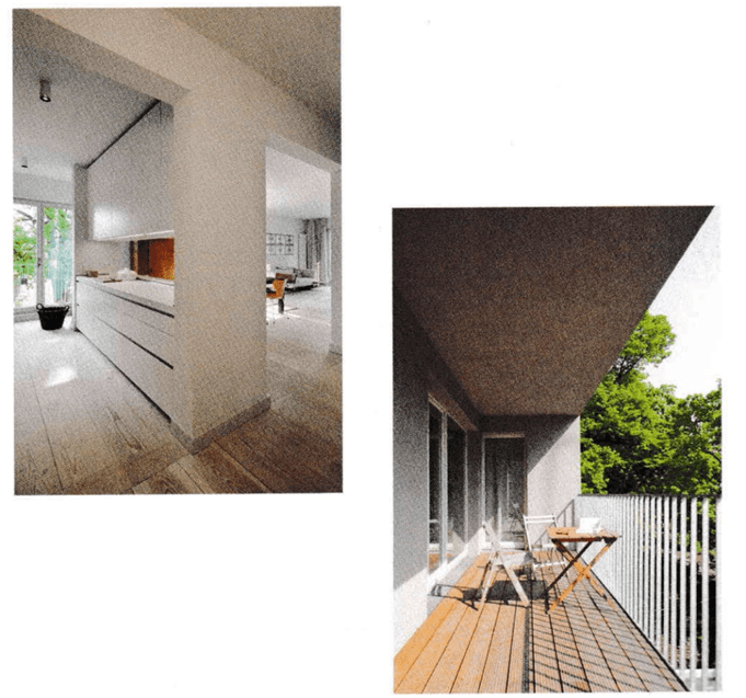 Architecture of residential building in Weissensee-Berlin. photo shows internal spaces of living area and terrace balcony of building C.