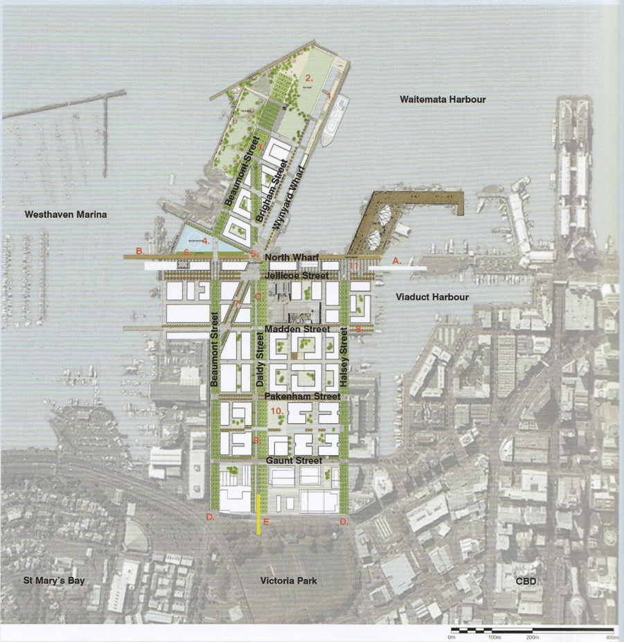 Britomart and the Auckland waterfront urban regeneration. Image shows the Wynyard indicative site plan in Auckland New Zealand.