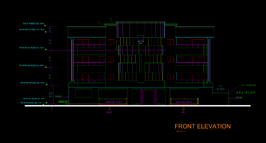Architecture project from practice, fund role in realization, image shows the front elevation of the building.