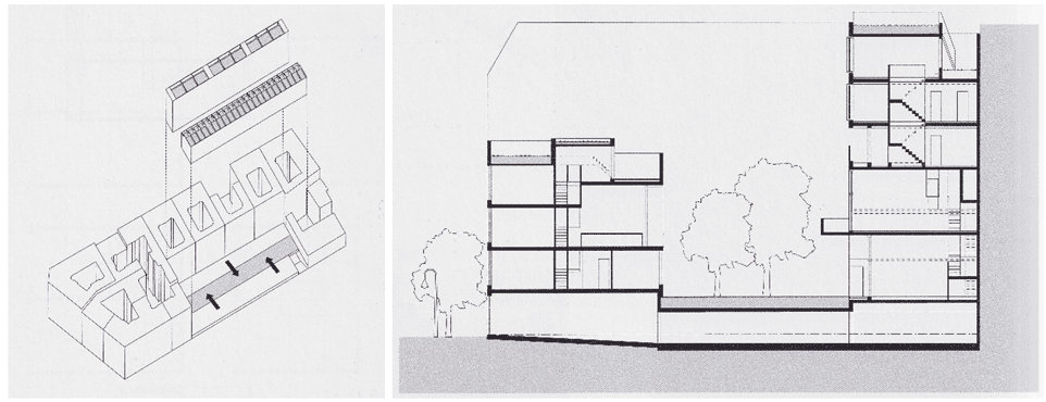 Zelterstrasse 5 residential urban design project, Berlin. Left, 3d view showing garden and car park entry on the right side. Right, the section through development shows ground floor parking and all floors and the garden.
