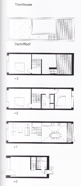 Zelterstrasse 5 residential urban design project, Berlin. the townhouse floor plans showing the main entrance and the recess in the garden level.