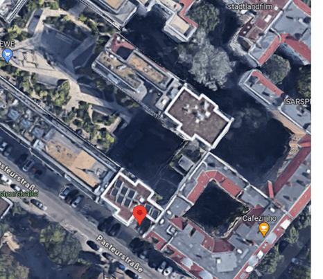 Residential building Pasteurstraße 27, Prenzlauer Berg.  Project site plan from Google Earth showing the plot and surroundings.