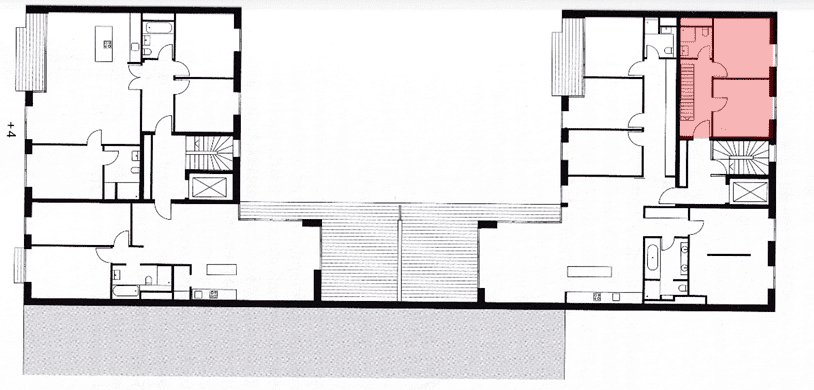 Residential building Pasteurstraße 27, Prenzlauer Berg.  the fourth-floor plan showing the functional layout and the recess in the terrace level.