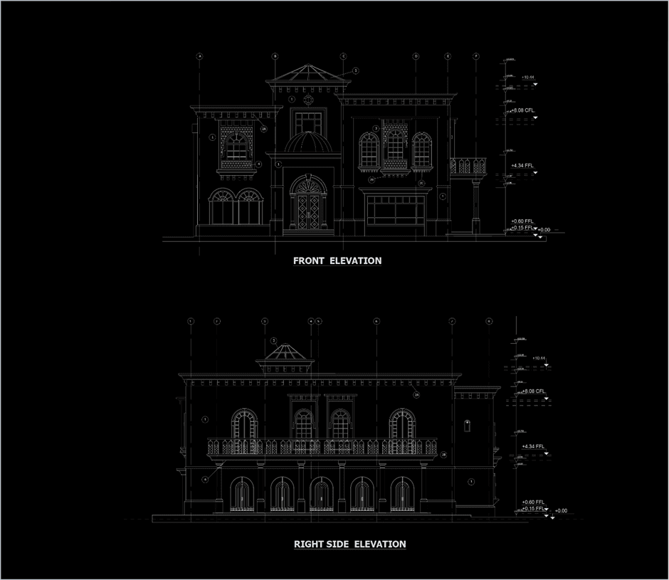 Neoclassical architecture villa design project. project front and side elevation