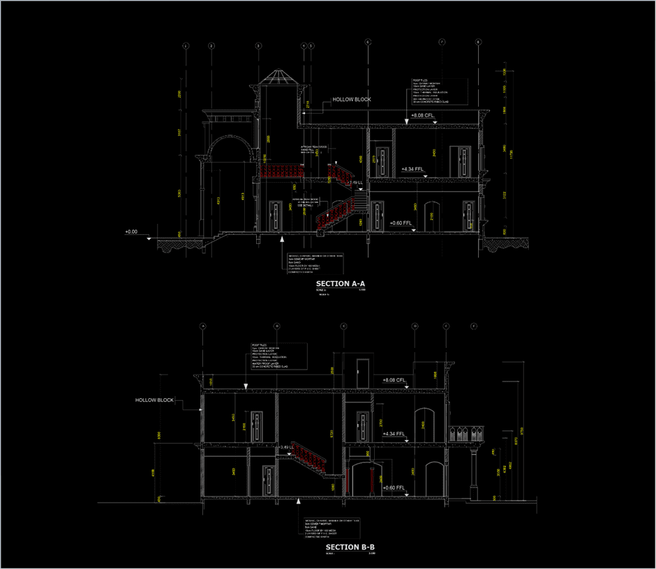 Neoclassical architecture villa design project. project sections