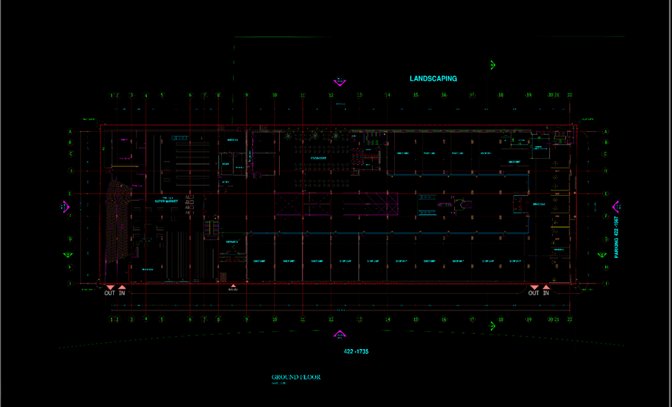 The traditional architecture of shopping center project. ground floor of the project