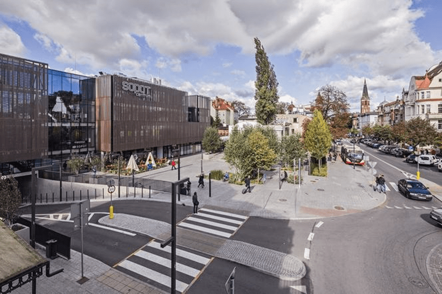 Urban regeneration, architecture of Sopot's new rail station. The roundabout side of the Sopot railway station urban regeneration project