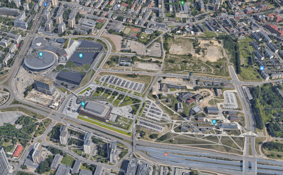 Katowice culture zone urban regeneration project Poland.  Katowice Mine become now the Silesian Museum with the former industrial tower