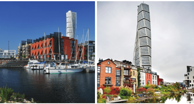 Malmo western harbor urban design and regeneration in Sweden. Malmo Western Harbor's new buildings and waterfront