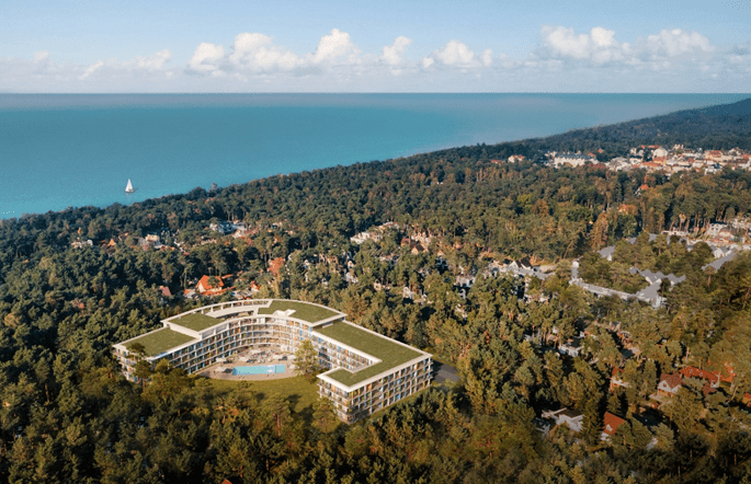 The architecture of Linea Mare Hotel in Pobierowo -Poland. an ariel view photo of the hotel architecture building