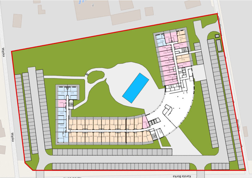 The architecture of Linea Mare Hotel in Pobierowo -Poland. the ground floor plan of the hotel with the surrounding exterior spaces