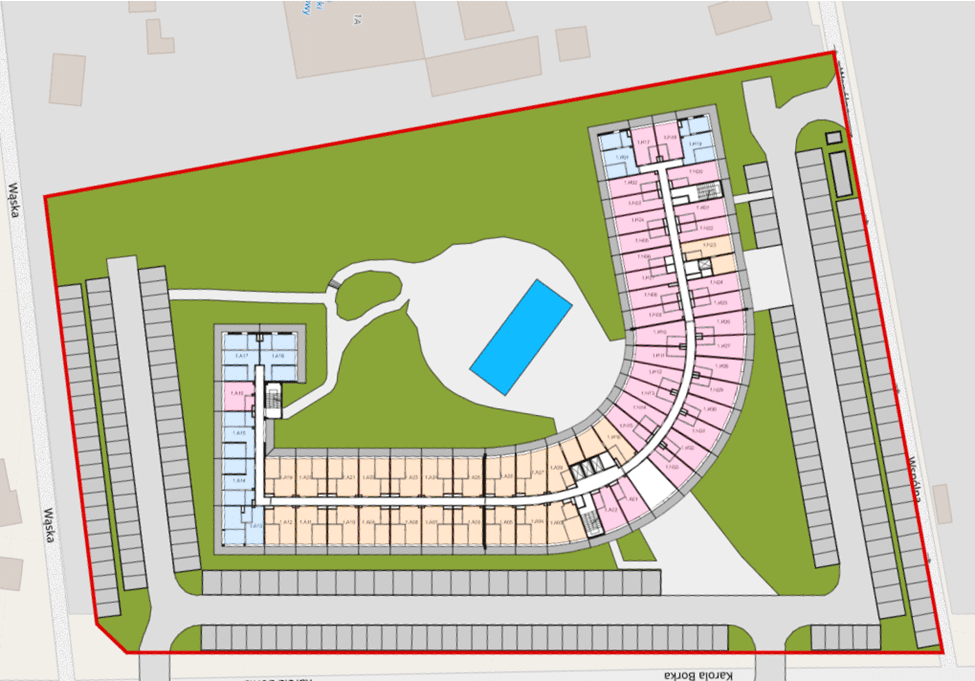 The architecture of Linea Mare Hotel in Pobierowo -Poland. the first-floor plan of the hotel with the surrounding exterior spaces