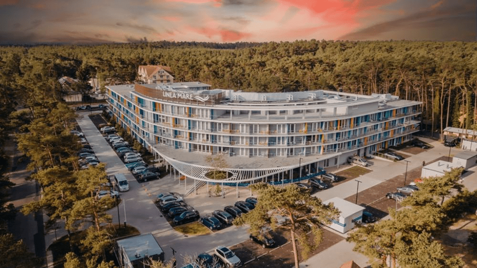 The architecture of Linea Mare Hotel in Pobierowo -Poland.  the external elevation of the hotel from the entrance side