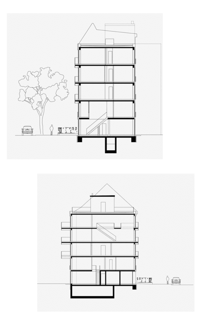 Görschstraße 48 residential building Architecture Berlin. Two building sections through the building showing heights and double volume flats.