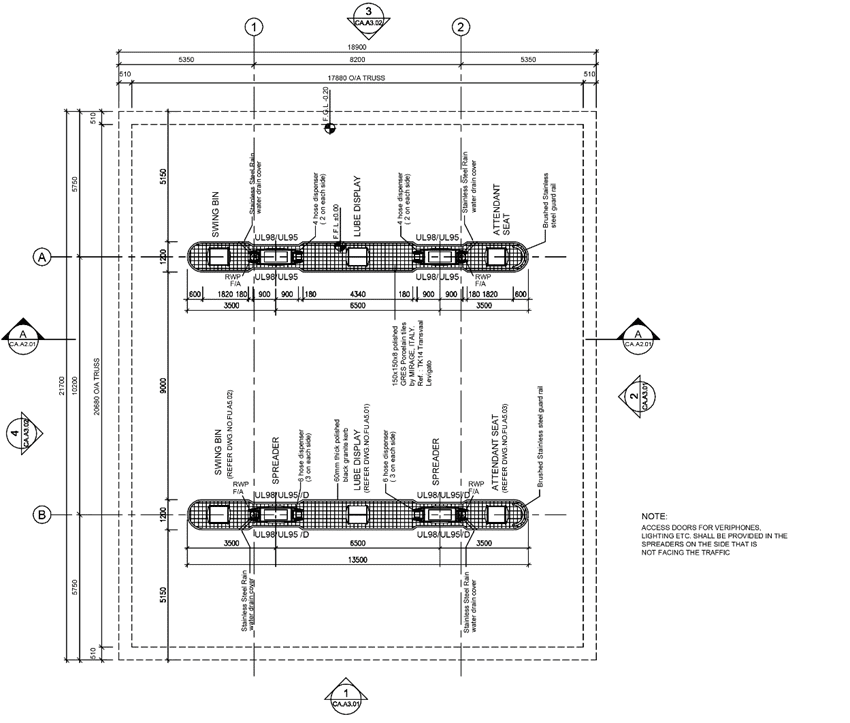 Al Haffar Oil and Gas petrol station complex project. the island canopy dispenser's layout plan.
