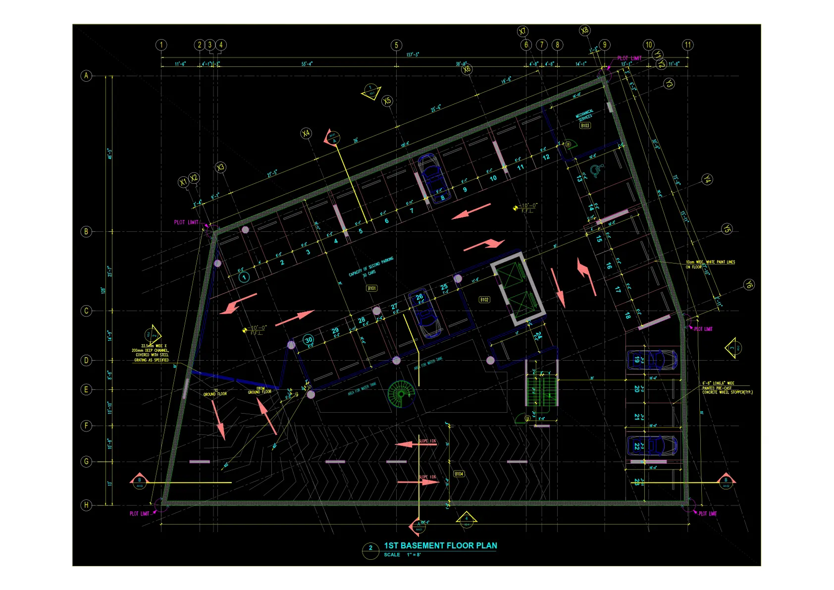 Al Khabeesi headquarters commercial and office building. Basement one floor of the project showing parking lots and services.