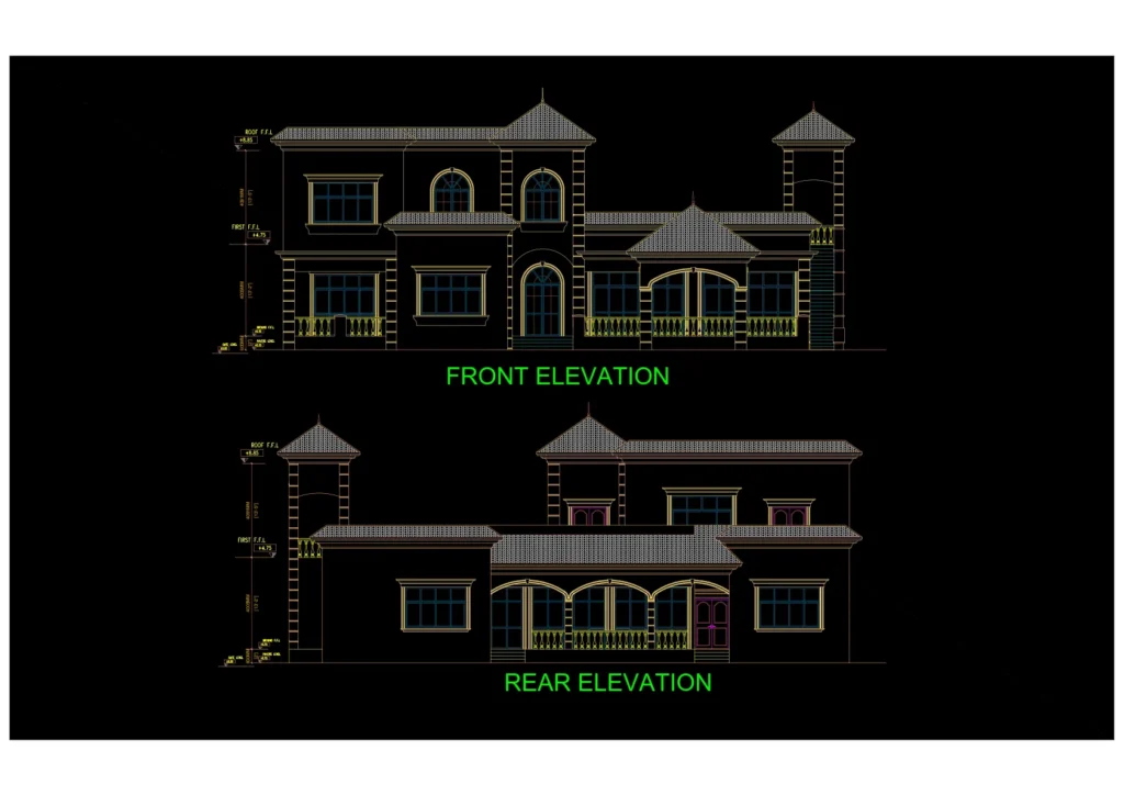 Villa Design, Villa Architecture of ICF system project. the front and backside elevations of the villa design, villa architecture of ICF system.
