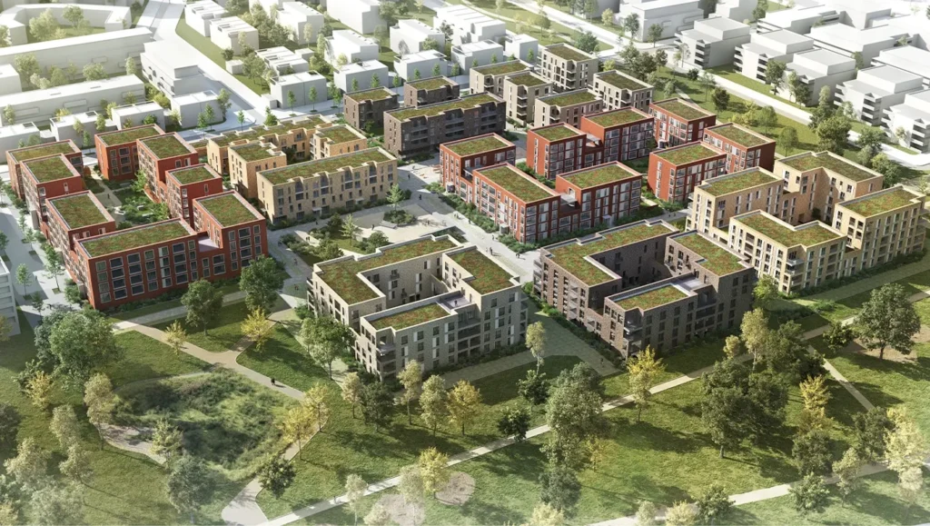 Riedberg Urban Development & Design District – Frankfurt.  the Berghofe residential quarter ariel view.