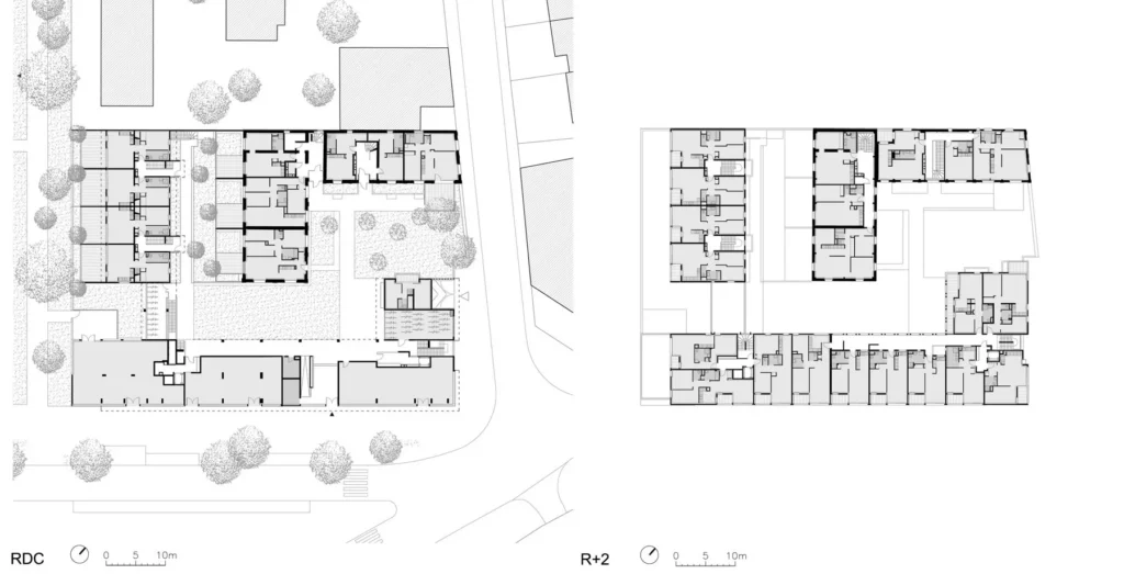 Clause Bois Badeau Urban Regeneration & Design project Brétigny. the ground-floor and second-floor plans of the group of buildings on the façade