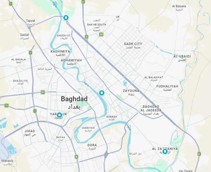 Multi criteria analysis MCA. Scenario locations. Center Baghdad CBD, Upper left Al Rashidia, Lower right Zafaraniya, Middle left Al Yarmouk.