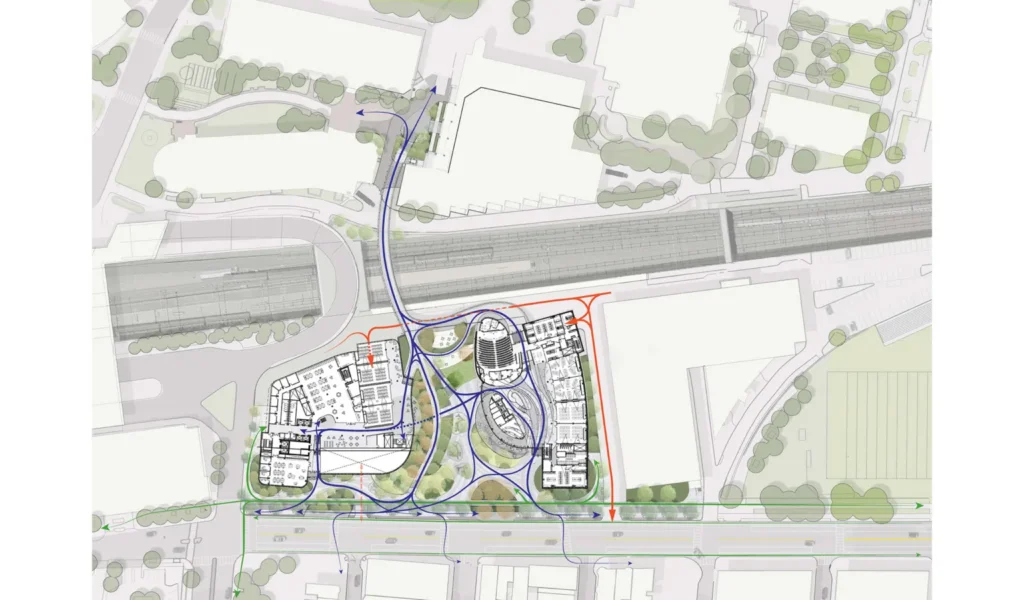 University Architecture and Urban Design. the GF plan of the two buildings and the ISEC building on the right.