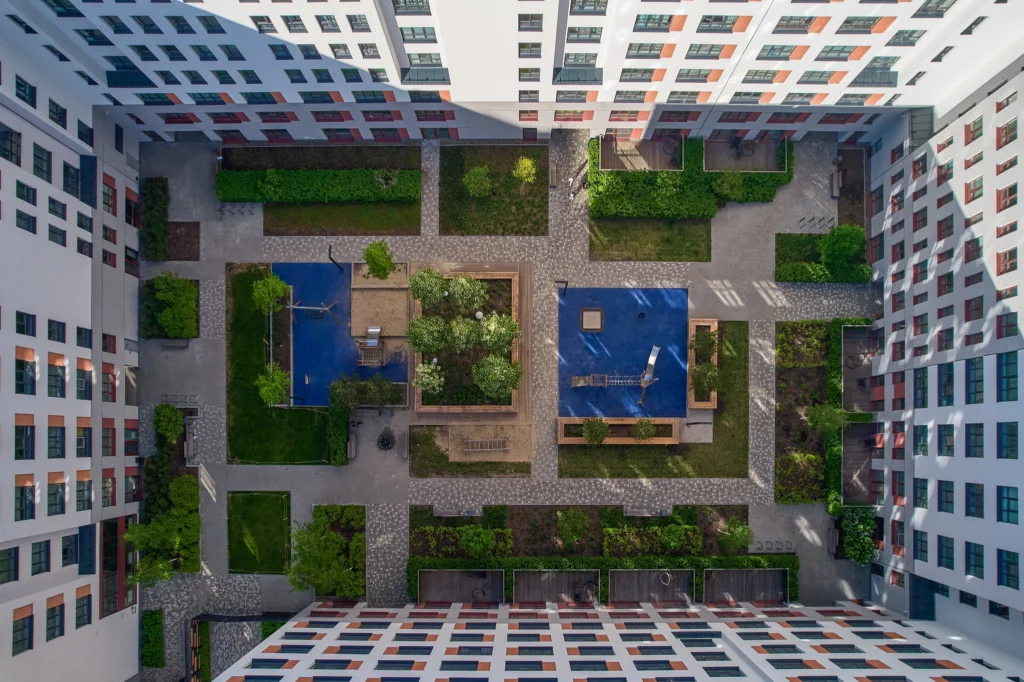 buildings court yard landscape area.